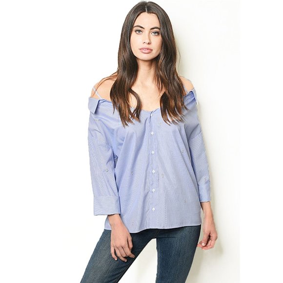 Embroidered Off Shoulder Straps Striped Poplin Top - Picture 2 of 9